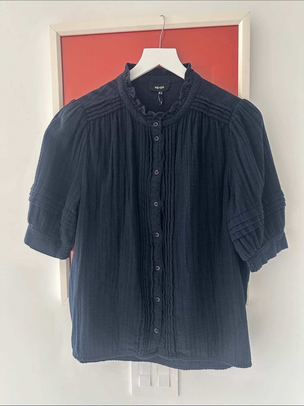 ME+EM Navy Ruffle-Collar Button Front cheesecloth Blouse - US 8